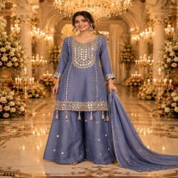 Women's Premium Simar Silk Hand Mirror Work Gharara Suit Set with Dupatta